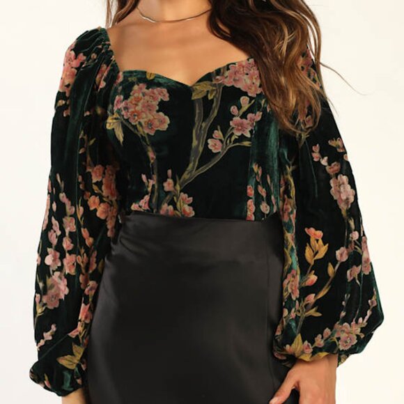 Lulus Luxe Romance Emerald Velvet Floral Burnout Long Sleeve Bodysuit Green - Picture 1 of 1